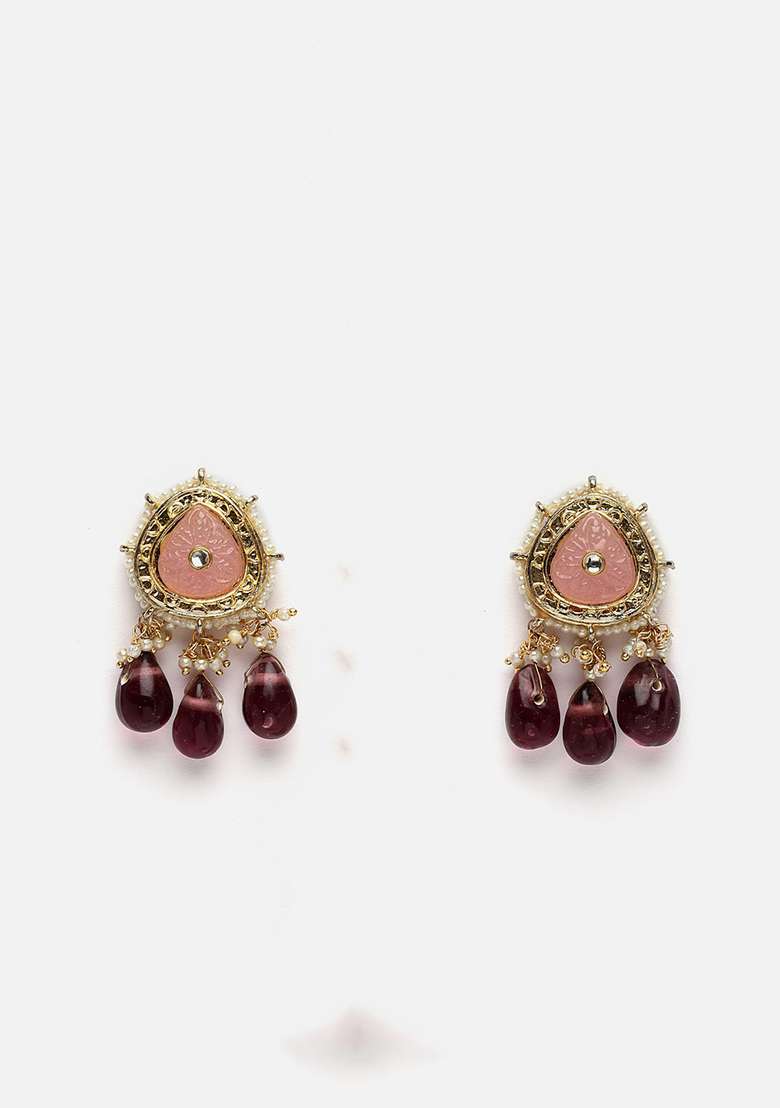 Maroon And Pink Gold Plated Kundan American Diamond Haar Necklace With Earrings Set - Indya