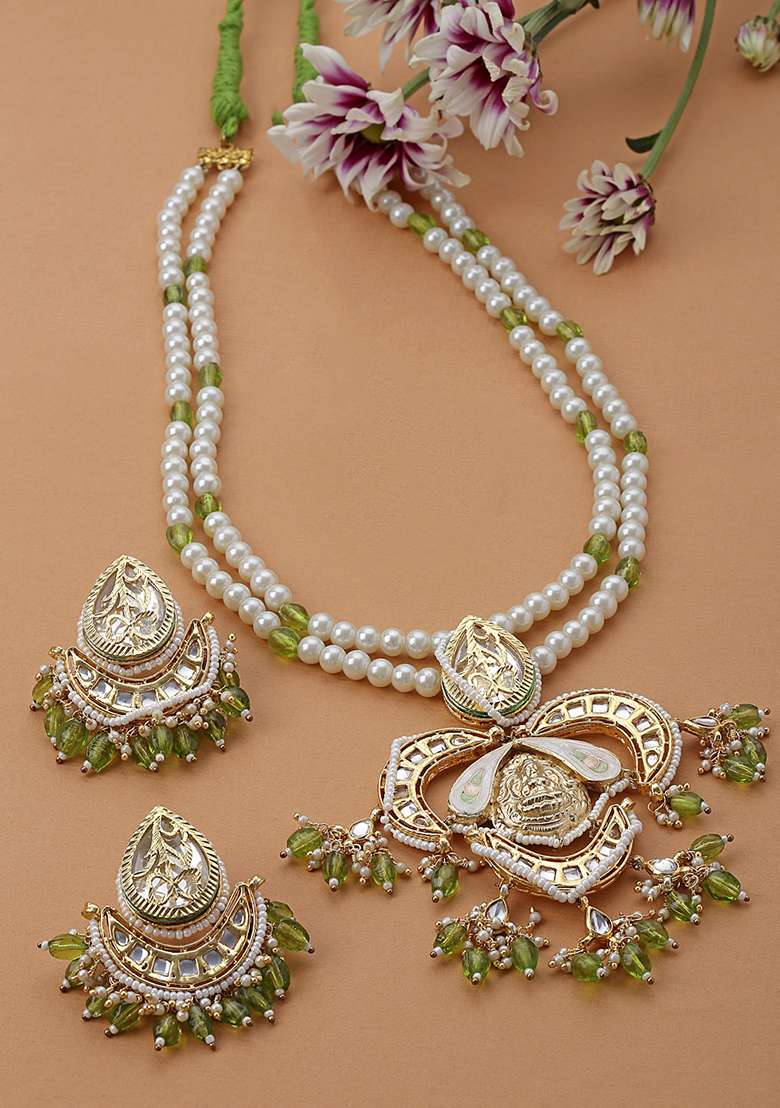 Green And Cream Gold Plated Kundan Pearl Haar Necklace With Earrings Set - Indya