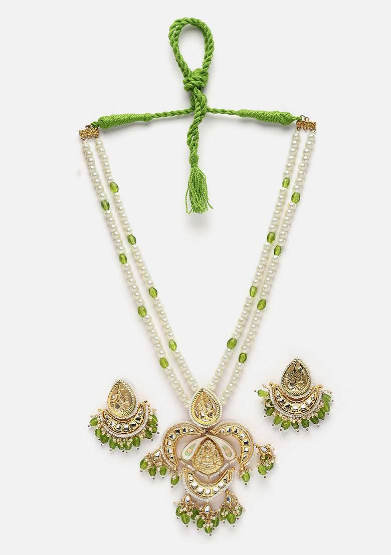 Green And Cream Gold Plated Kundan Pearl Haar Necklace With Earrings Set - Indya