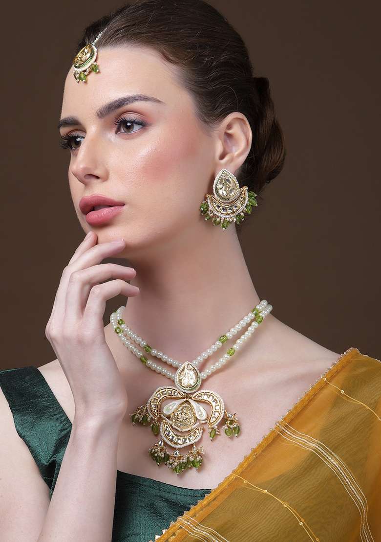 Green And Cream Gold Plated Kundan Pearl Haar Necklace With Earrings Set - Indya