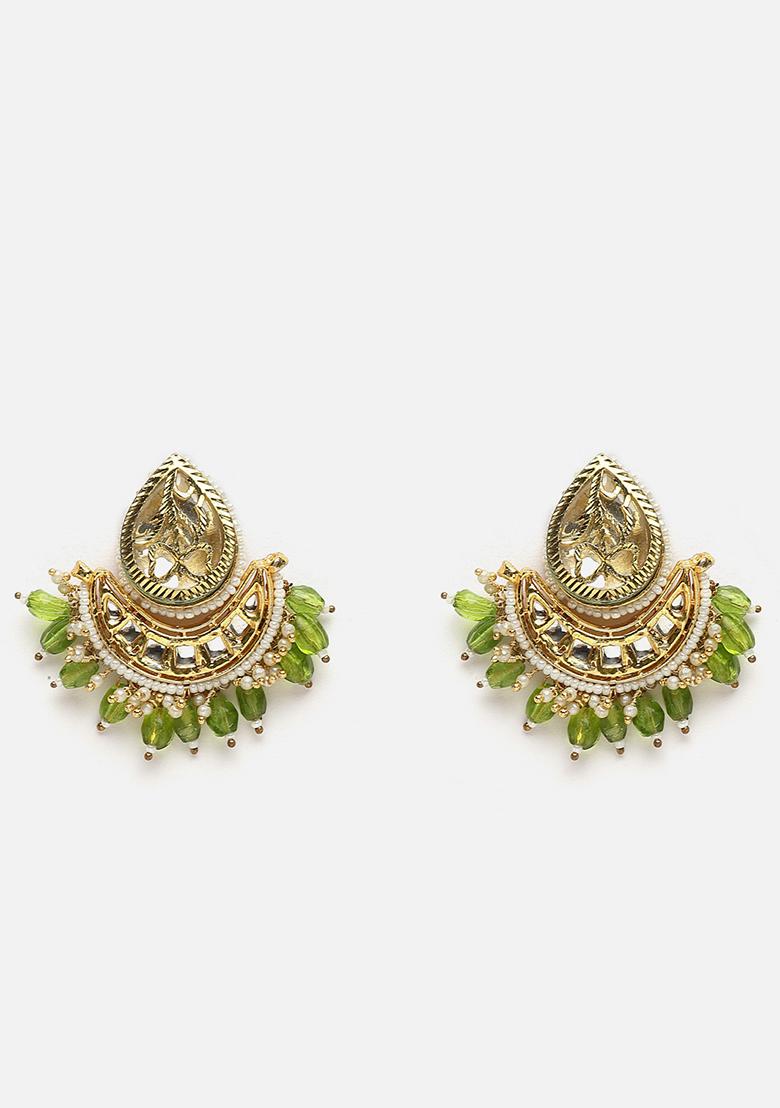 Green And Cream Gold Plated Kundan Pearl Haar Necklace With Earrings Set - Indya