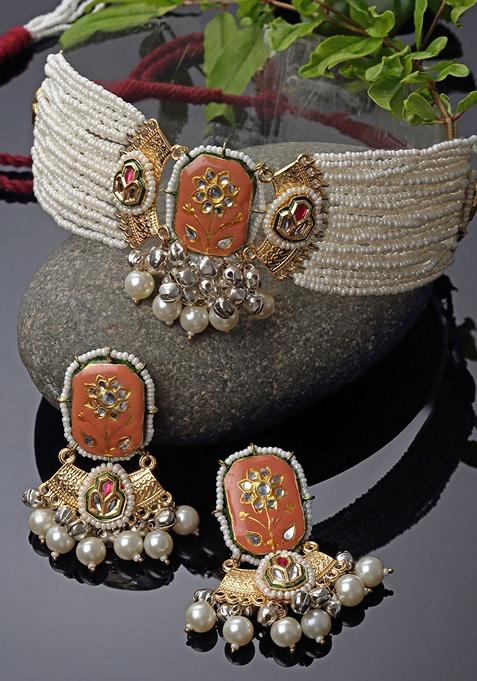 Orange And Silver Gold Plated Kundan Pearl Choker Necklace With Earrings Set