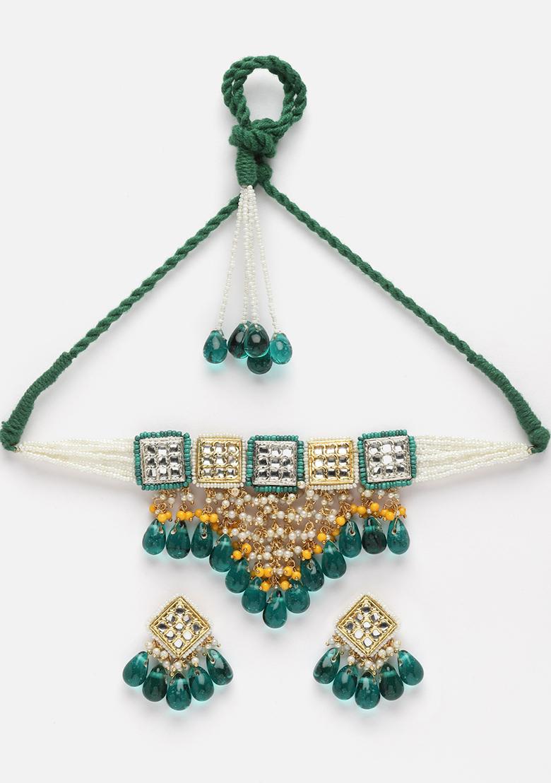 Blue And Silver Gold Plated Kundan Pearl Choker Necklace With Earrings Set