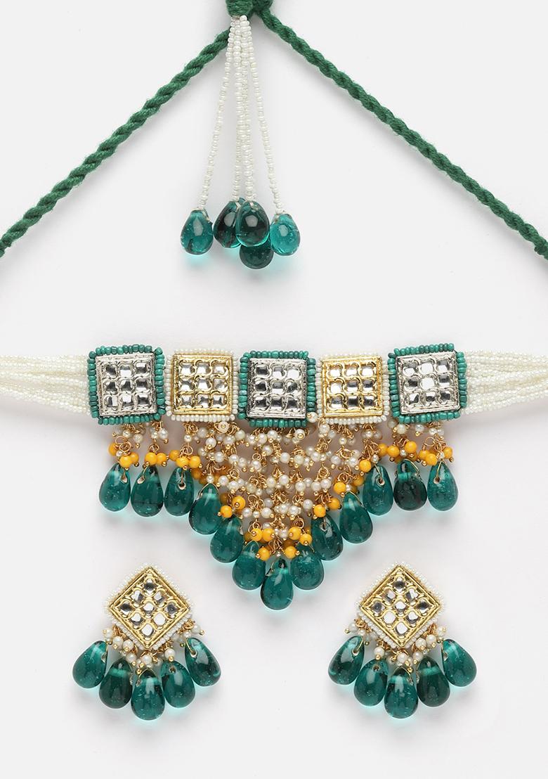 Blue And Silver Gold Plated Kundan Pearl Choker Necklace With Earrings Set