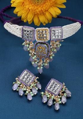 Purple And Silver Gold Plated Kundan Pearl Choker Necklace With Earrings Set