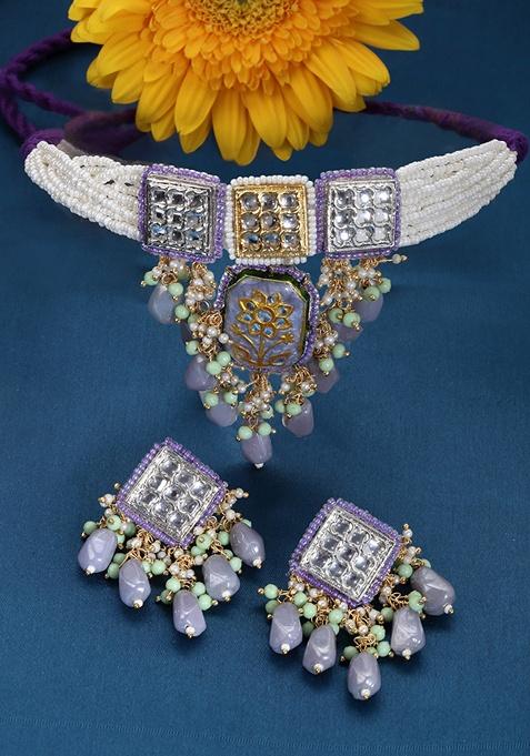 Purple And Silver Gold Plated Kundan Pearl Choker Necklace With Earrings Set