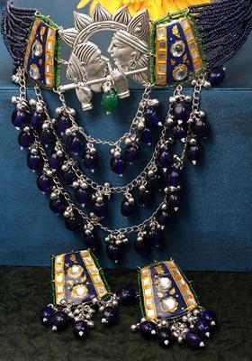 Blue And Silver Gold Plated Kundan Pearl Choker Necklace With Earrings Set