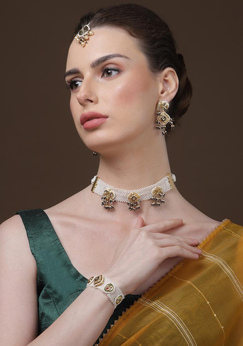 Blue Gold Plated Kundan Pearl Choker Necklace With Earrings Set