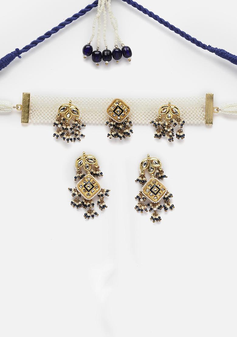 Blue Gold Plated Kundan Pearl Choker Necklace With Earrings Set