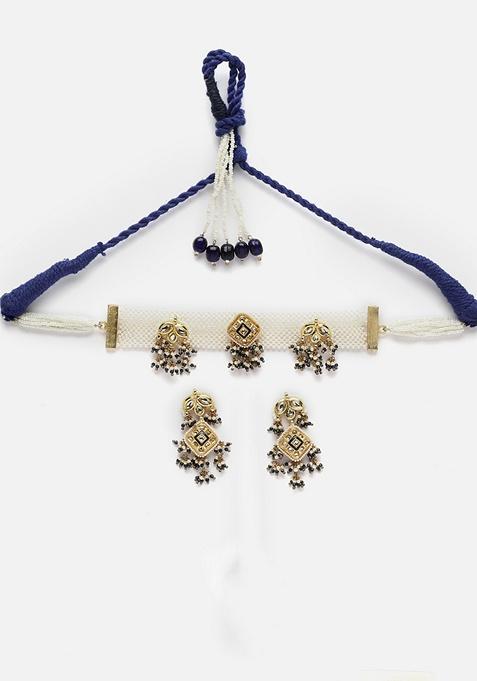 Blue Gold Plated Kundan Pearl Choker Necklace With Earrings Set