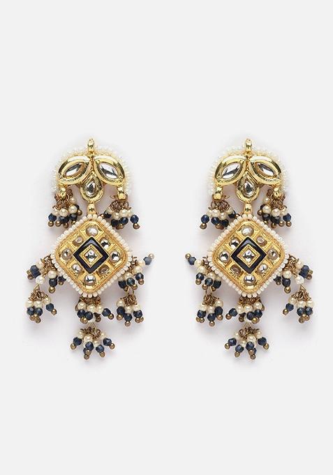 Blue Gold Plated Kundan Pearl Choker Necklace With Earrings Set