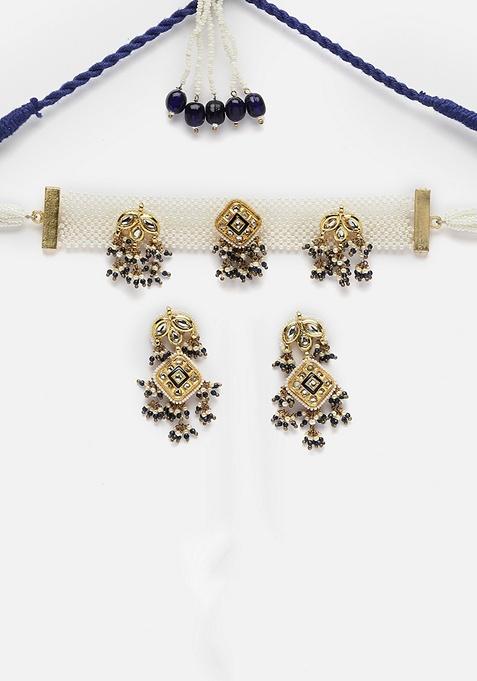 Blue Gold Plated Kundan Pearl Choker Necklace With Earrings Set