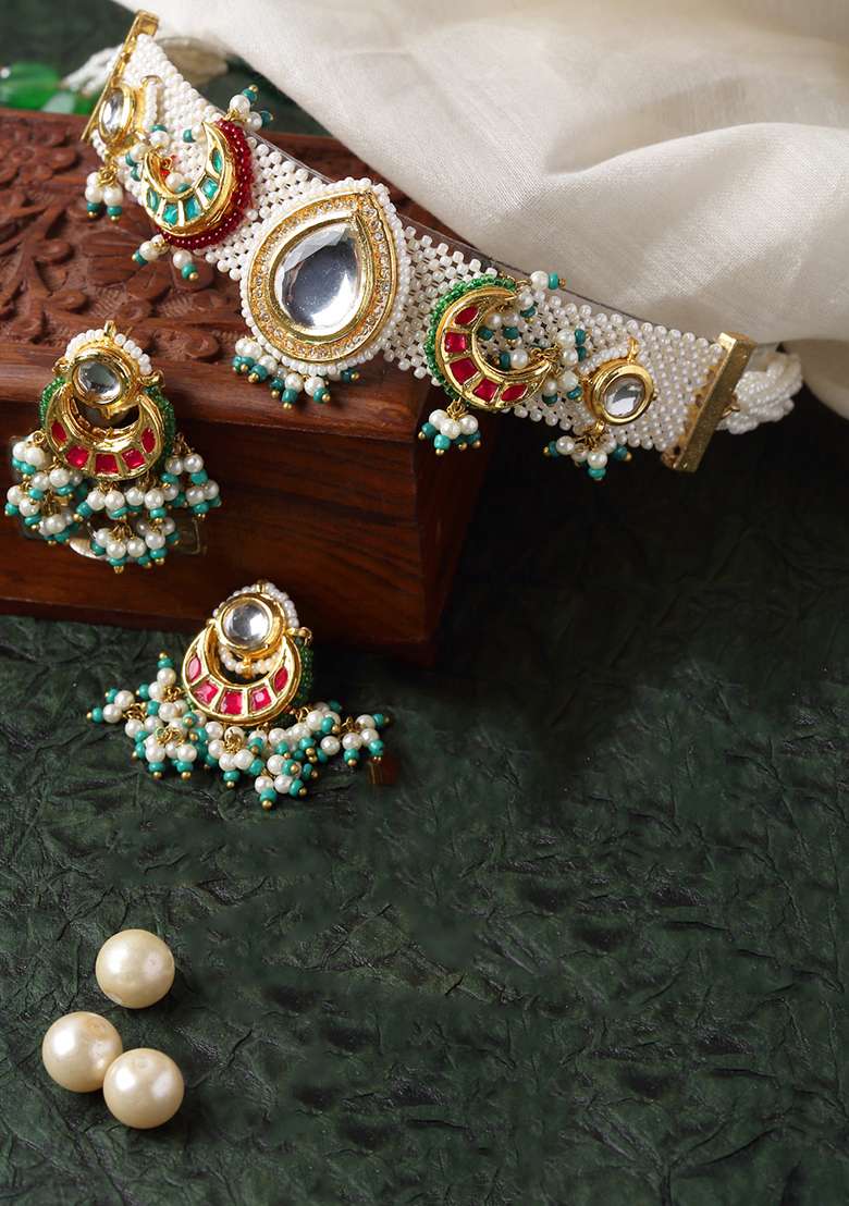Red And Green Gold Plated Kundan American Diamond Choker Necklace With Earrings Set - Indya