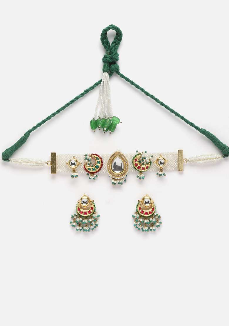 Red And Green Gold Plated Kundan American Diamond Choker Necklace With Earrings Set - Indya