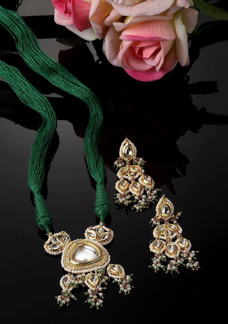 Green Gold Plated Kundan American Diamond Necklace with Earring Necklace sets - Indya