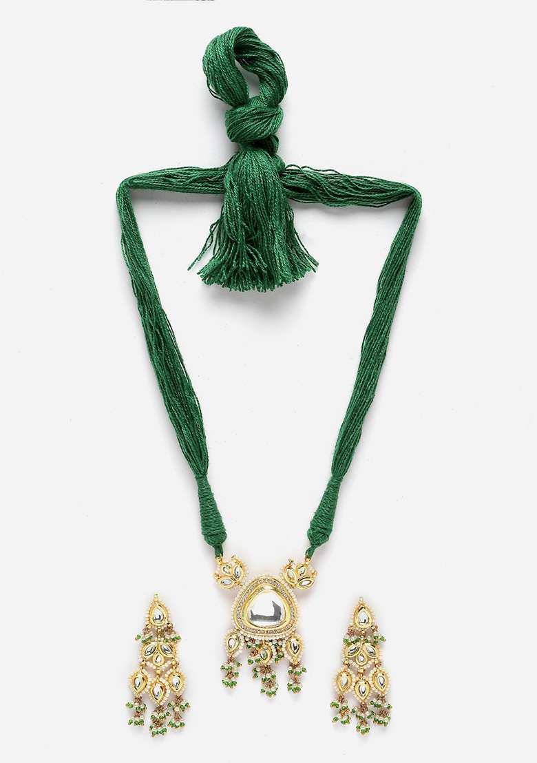 Green Gold Plated Kundan American Diamond Necklace with Earring Necklace sets - Indya