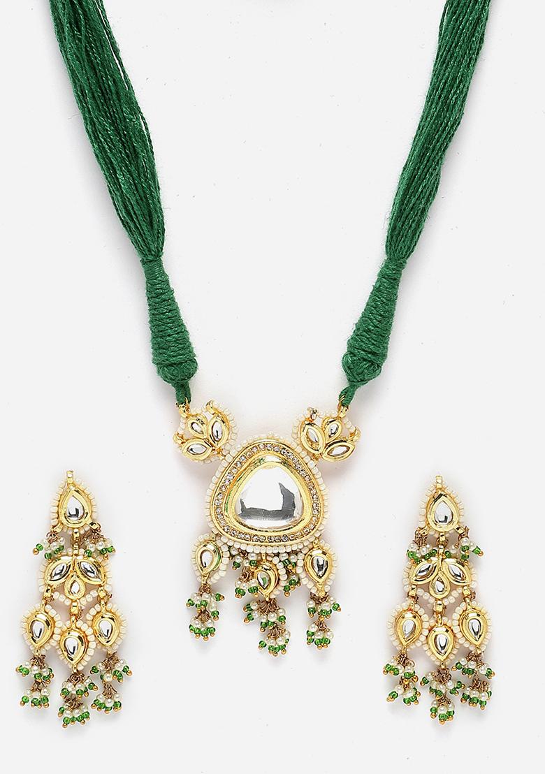 Green Gold Plated Kundan American Diamond Necklace with Earring Necklace sets - Indya