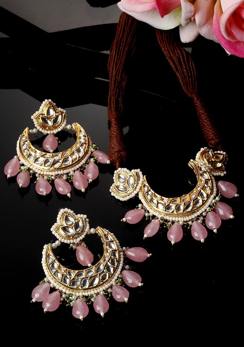 Pink Gold Plated Kundan Pearl Necklace with Earring Necklace sets