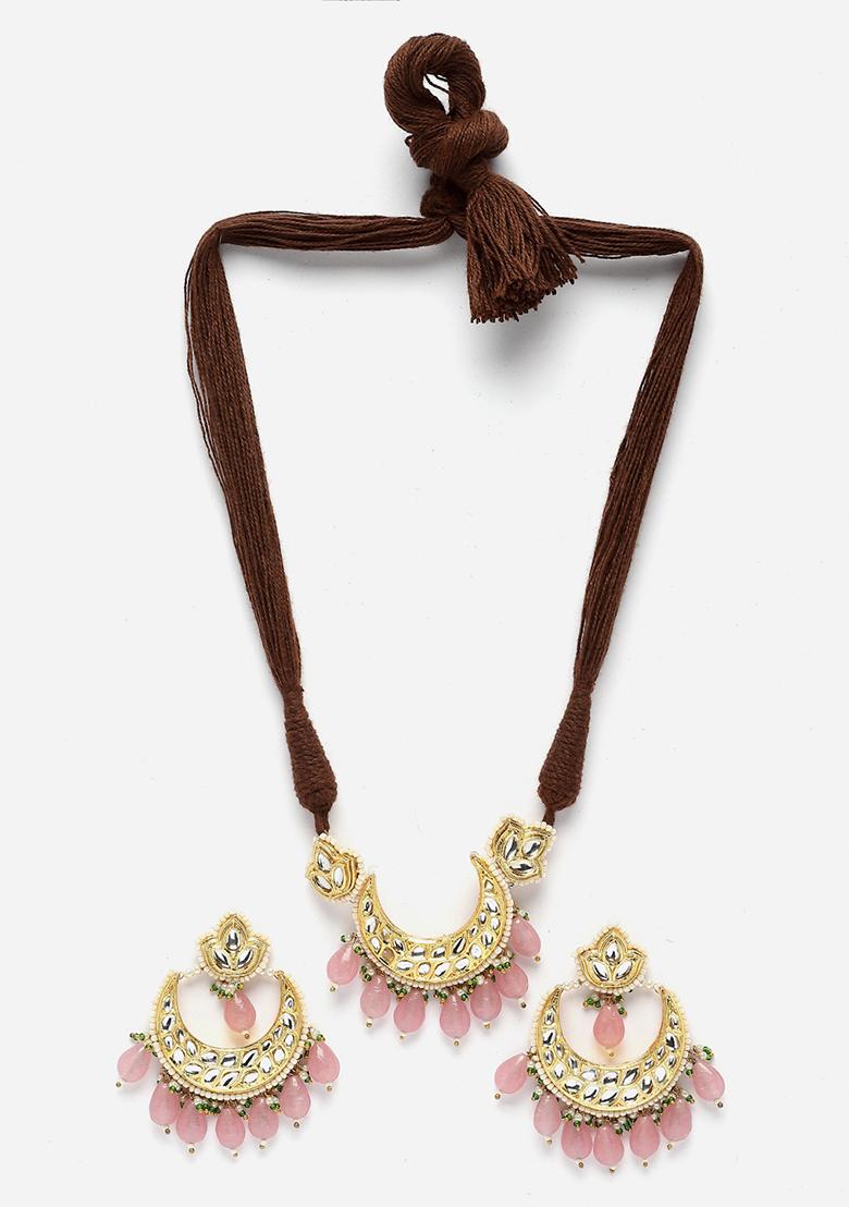 Pink Gold Plated Kundan Pearl Necklace with Earring Necklace sets