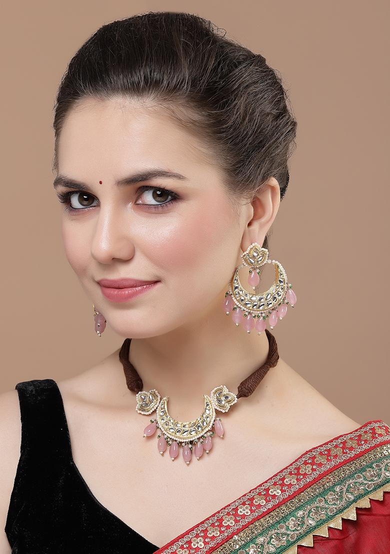 Pink Gold Plated Kundan Pearl Necklace with Earring Necklace sets