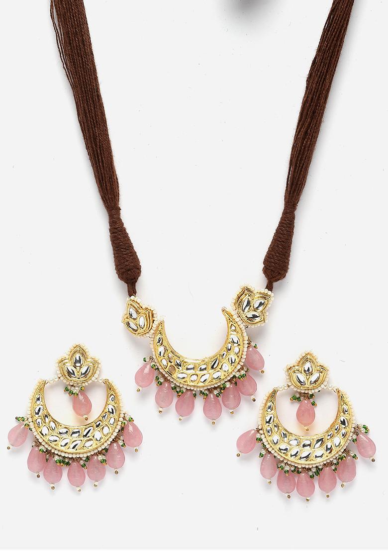 Pink Gold Plated Kundan Pearl Necklace with Earring Necklace sets