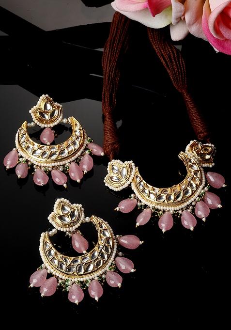 Pink Gold Plated Kundan Pearl Necklace with Earring Necklace sets