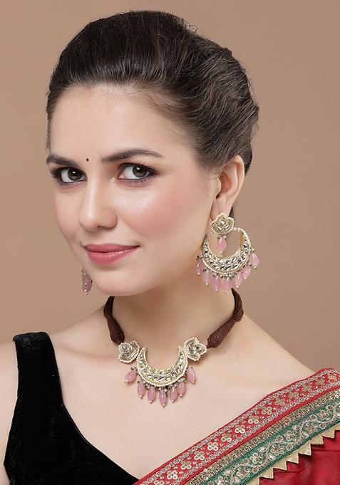 Pink Gold Plated Kundan Pearl Necklace with Earring Necklace sets