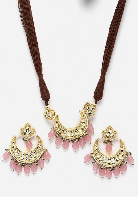 Pink Gold Plated Kundan Pearl Necklace with Earring Necklace sets