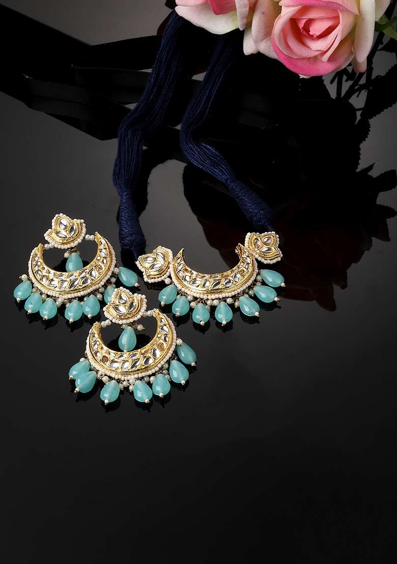 Blue Gold Plated Kundan Pearl Necklace with Earring Necklace sets - Indya