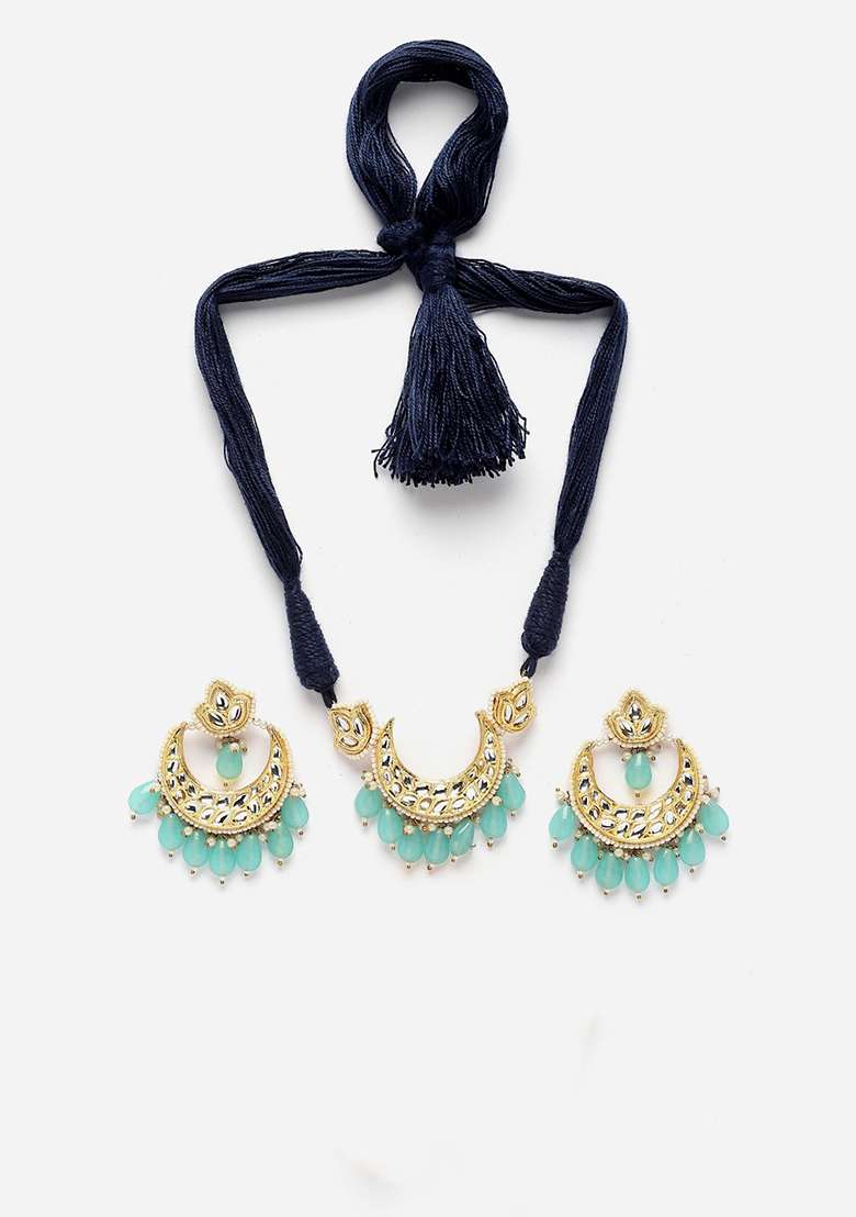 Blue Gold Plated Kundan Pearl Necklace with Earring Necklace sets - Indya