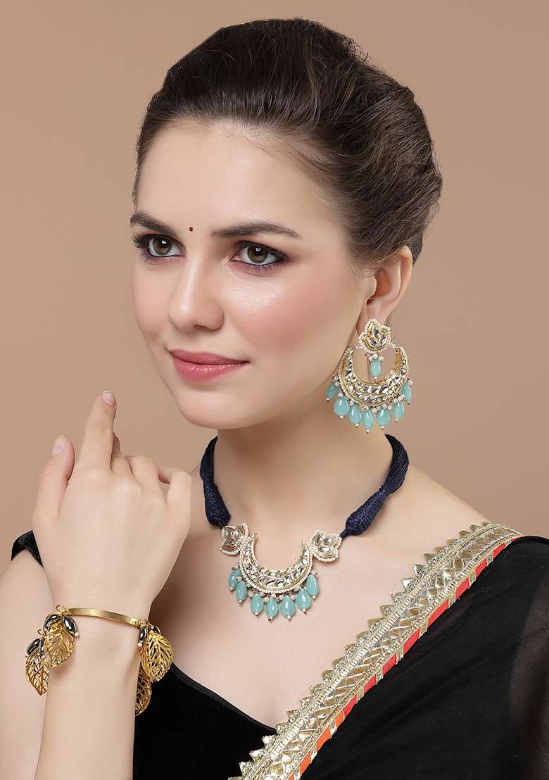 Blue Gold Plated Kundan Pearl Necklace with Earring Necklace sets - Indya