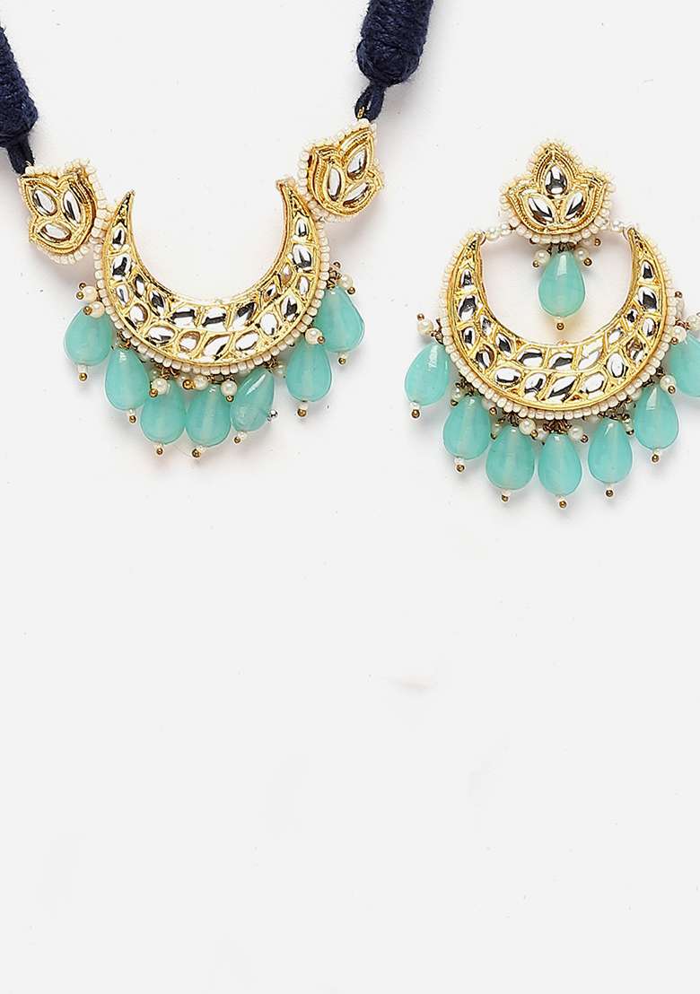 Blue Gold Plated Kundan Pearl Necklace with Earring Necklace sets - Indya