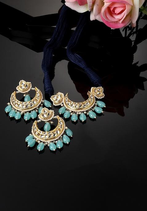 Blue Gold Plated Kundan Pearl Necklace with Earring Necklace sets