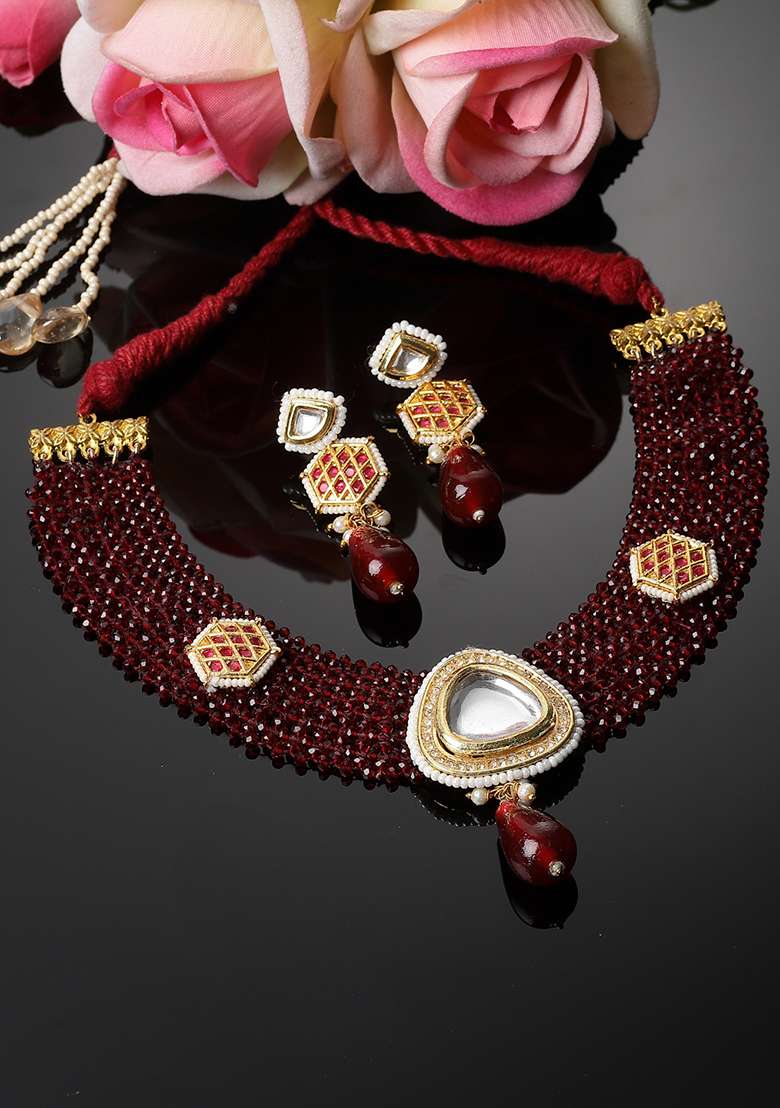 Maroon And Red Gold Plated Kundan American Diamond Necklace with Earring Necklace sets - Indya