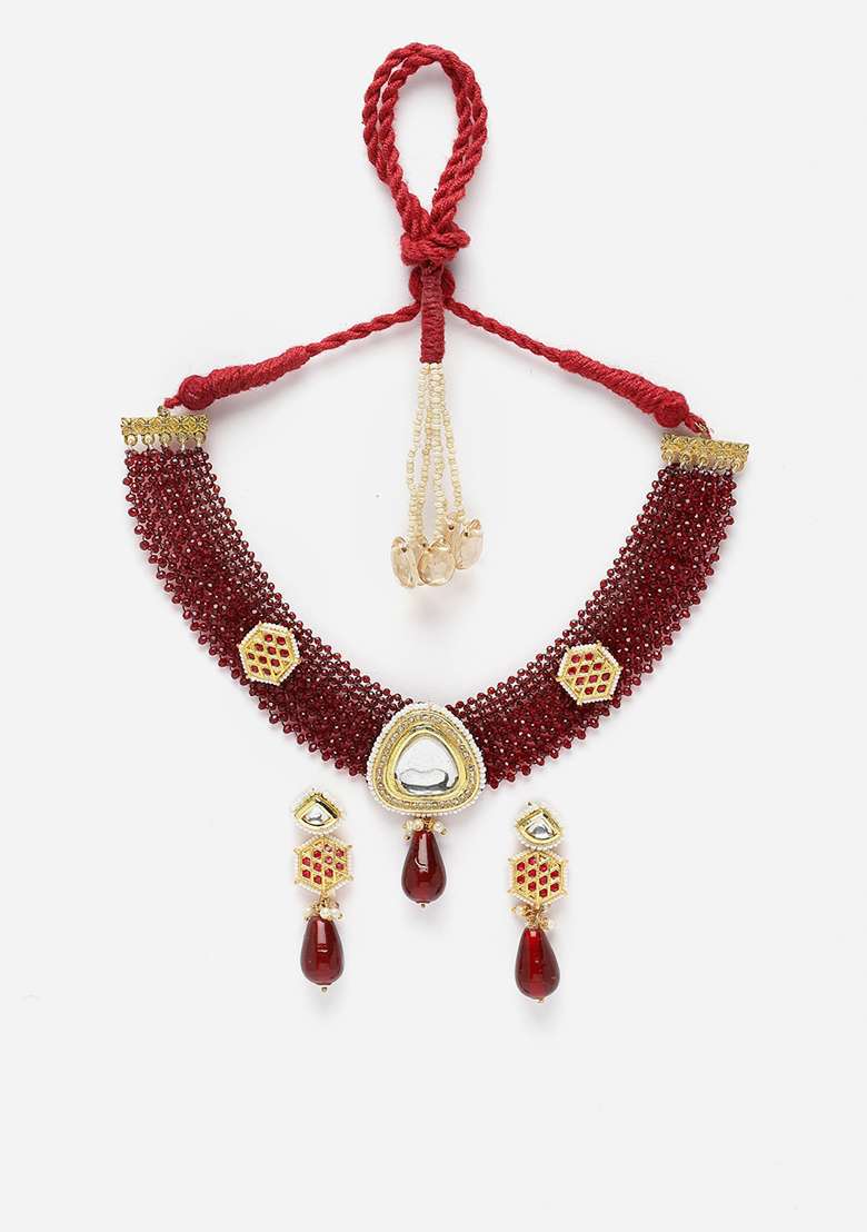 Maroon And Red Gold Plated Kundan American Diamond Necklace with Earring Necklace sets - Indya