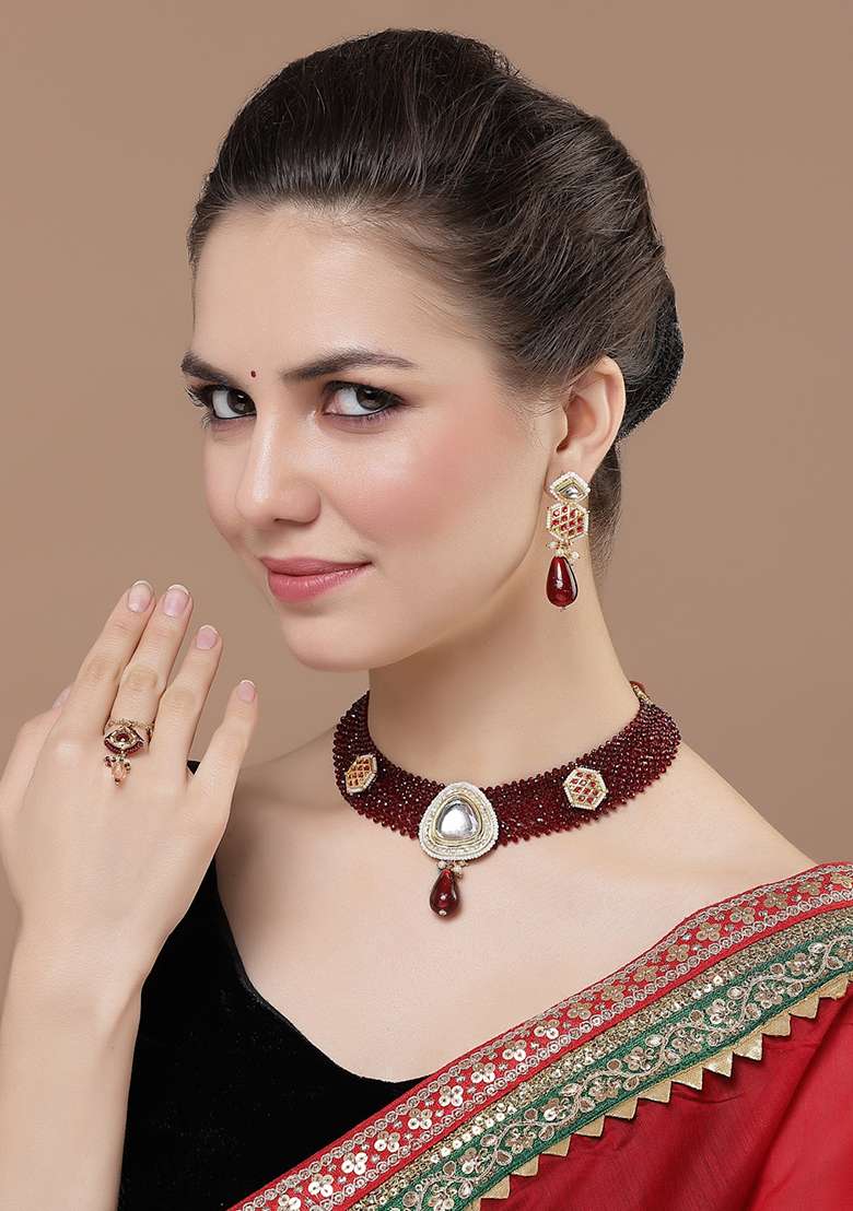 Maroon And Red Gold Plated Kundan American Diamond Necklace with Earring Necklace sets - Indya