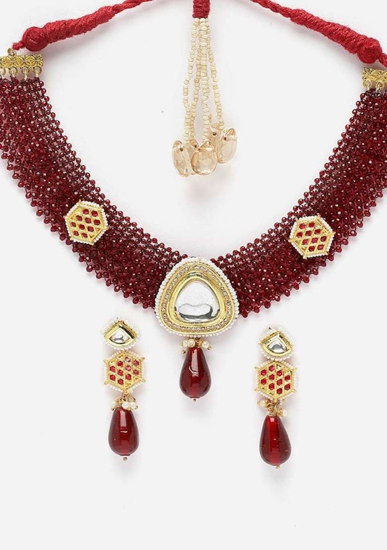 Maroon And Red Gold Plated Kundan American Diamond Necklace with Earring Necklace sets - Indya