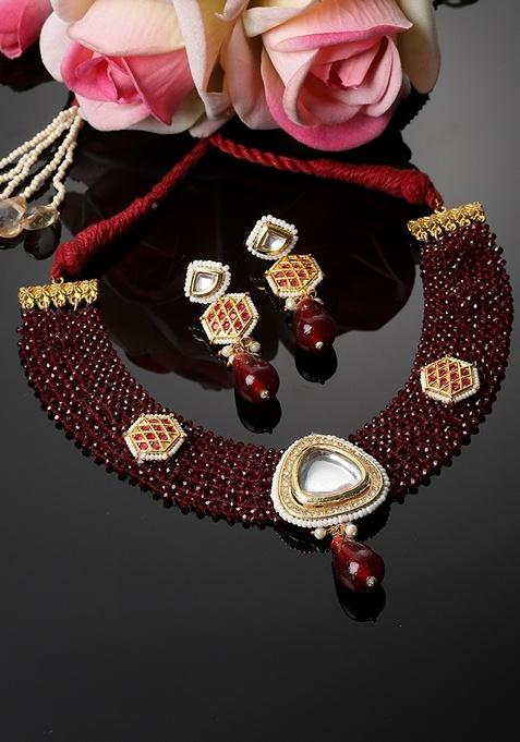 Maroon And Red Gold Plated Kundan American Diamond Necklace with Earring Necklace sets