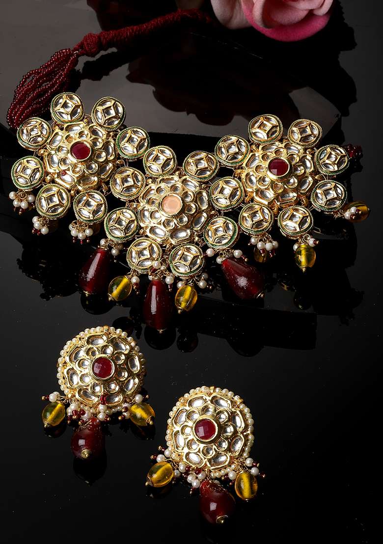 Maroon And Yellow Gold Plated Kundan Pearl Necklace with Earring Necklace sets - Indya