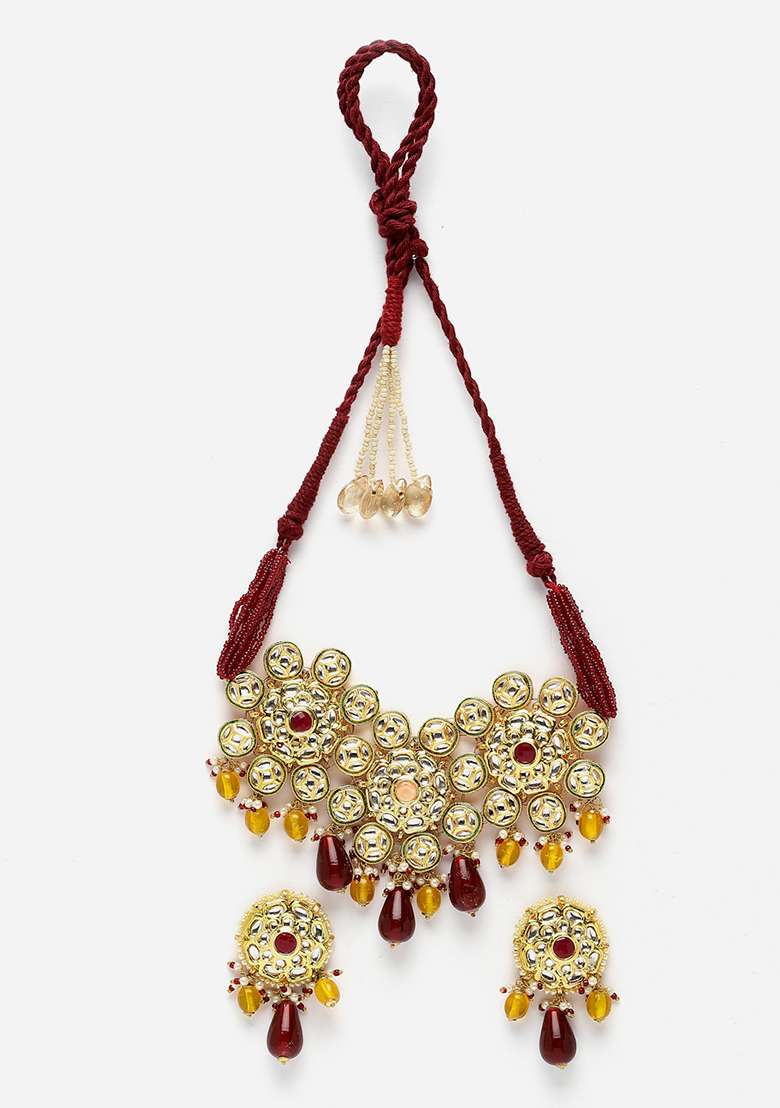 Maroon And Yellow Gold Plated Kundan Pearl Necklace with Earring Necklace sets - Indya