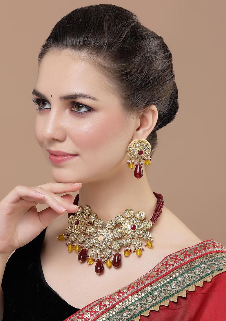 Maroon And Yellow Gold Plated Kundan Pearl Necklace with Earring Necklace sets - Indya