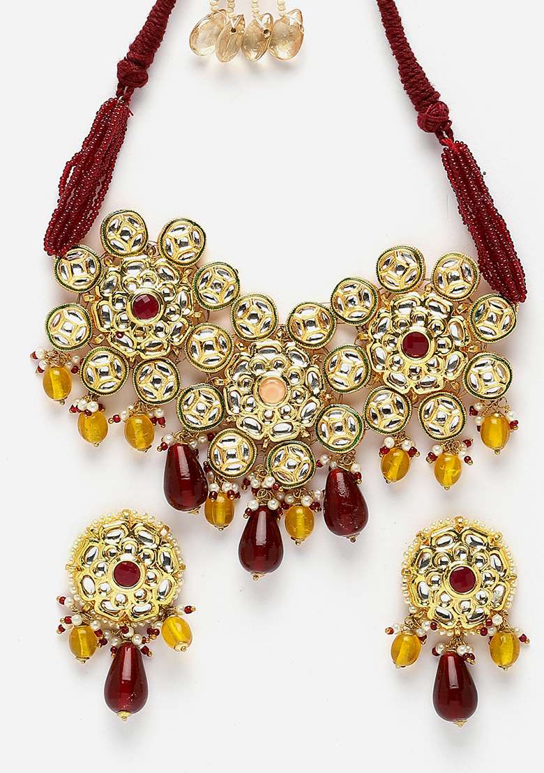 Maroon And Yellow Gold Plated Kundan Pearl Necklace with Earring Necklace sets - Indya
