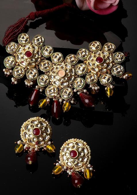 Maroon And Yellow Gold Plated Kundan Pearl Necklace with Earring Necklace sets