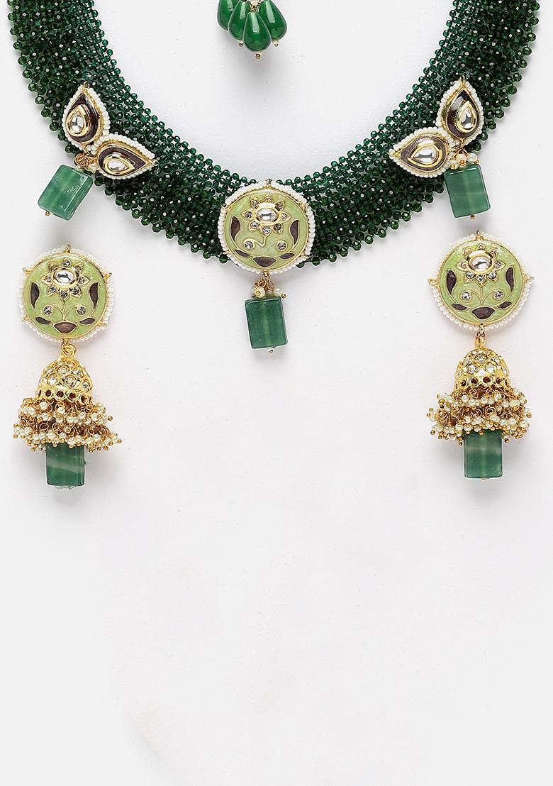 Green And Grey Gold Plated Kundan American Diamond Necklace with Earring Necklace sets - Indya