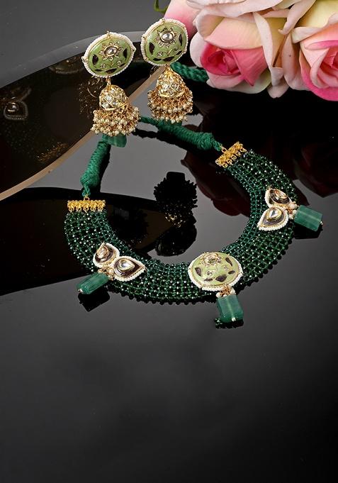 Green And Grey Gold Plated Kundan American Diamond Necklace with Earring Necklace sets