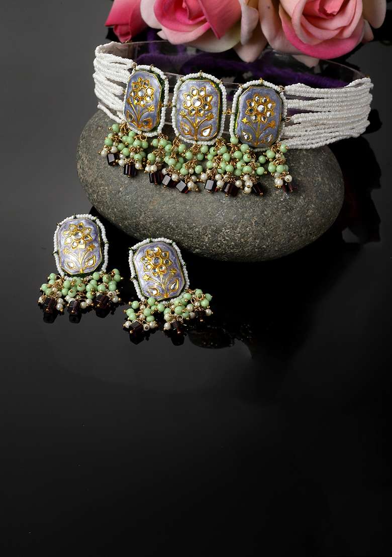 Blue And Purple Gold Plated Kundan Pearl Necklace with Earring Necklace sets - Indya