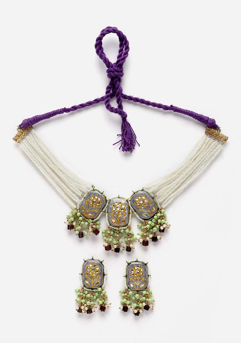Blue And Purple Gold Plated Kundan Pearl Necklace with Earring Necklace sets - Indya