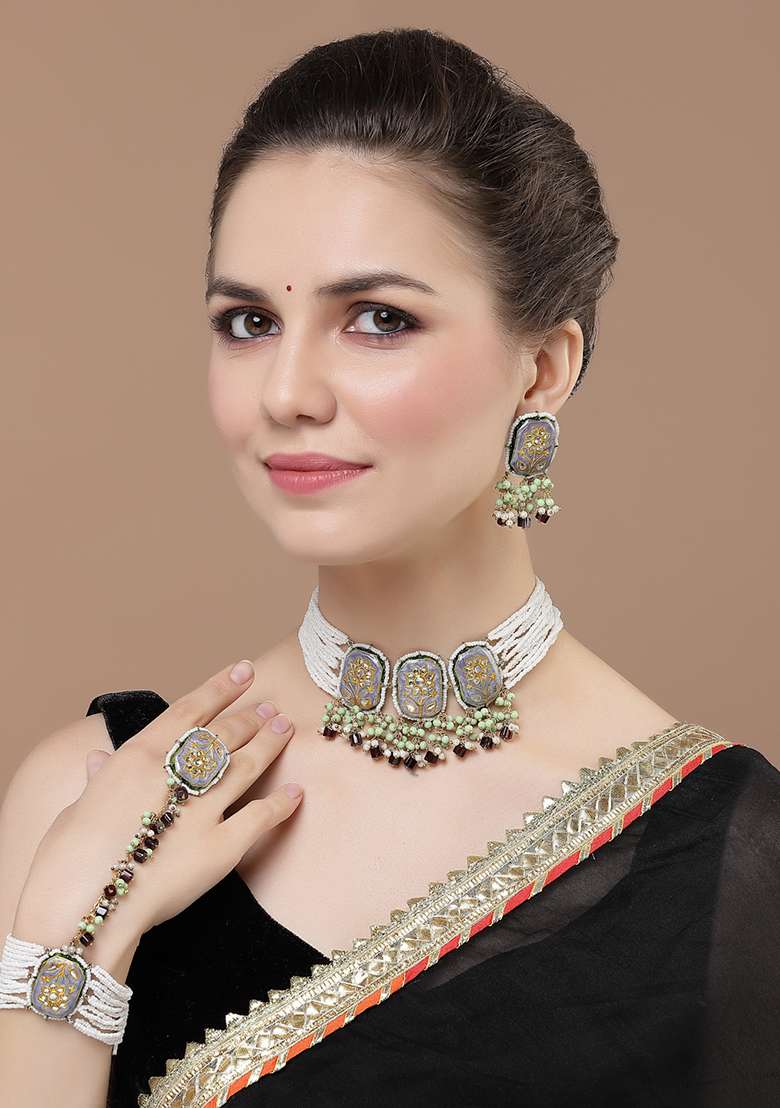 Blue And Purple Gold Plated Kundan Pearl Necklace with Earring Necklace sets - Indya