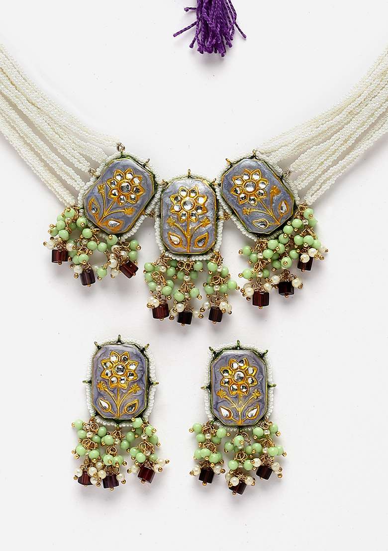 Blue And Purple Gold Plated Kundan Pearl Necklace with Earring Necklace sets - Indya