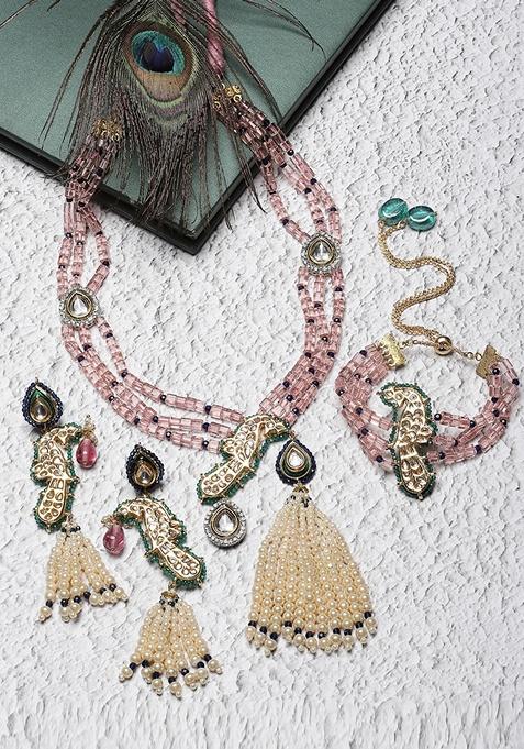 Pink And Green Gold Plated Kundan American Diamond Necklace with Earring Necklace sets